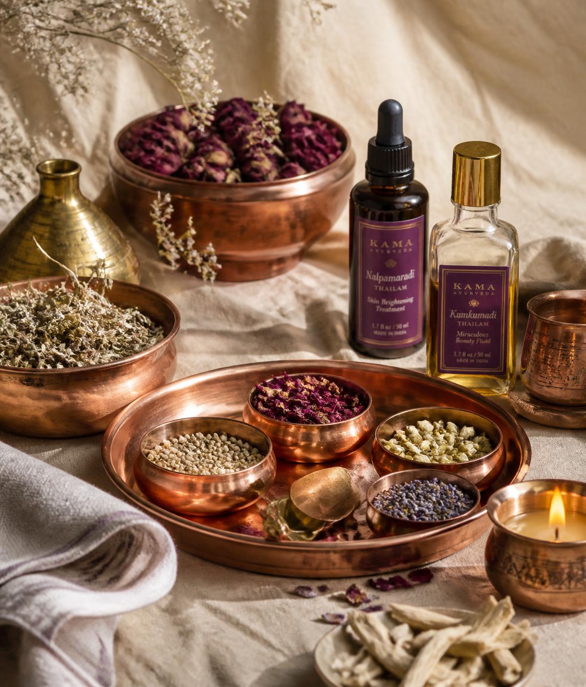 Ayurvedic herbs and copper vessels arranged on cream linen