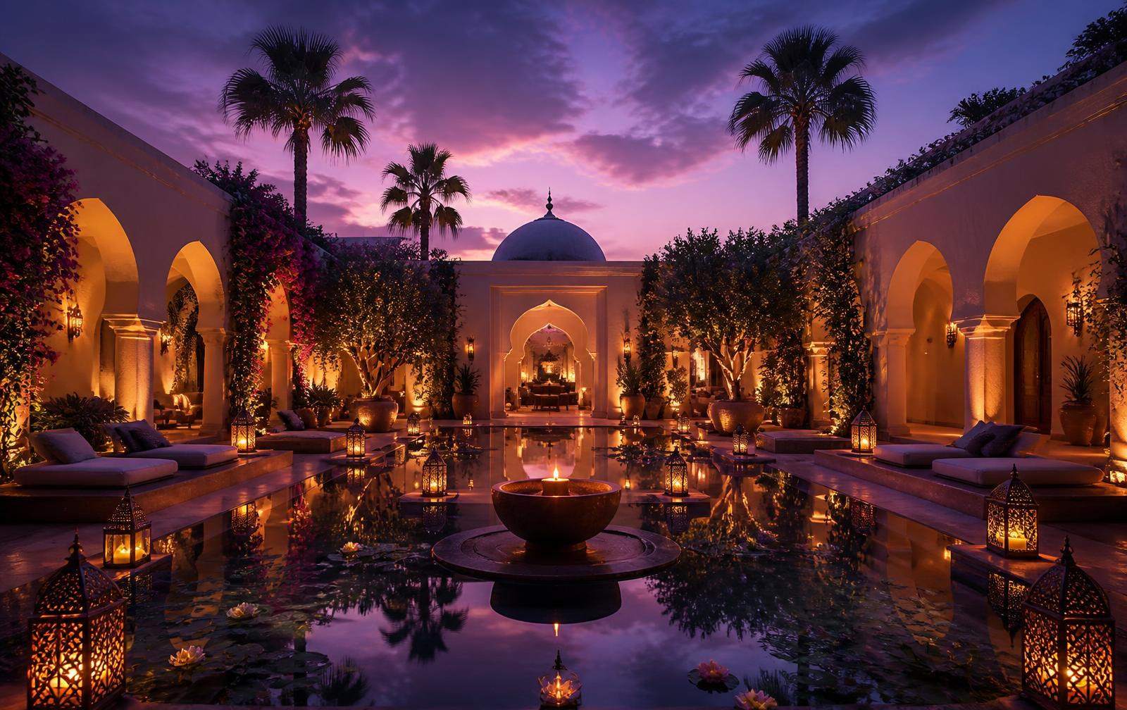 AAYAM sanctuary courtyard with reflecting pool at dusk